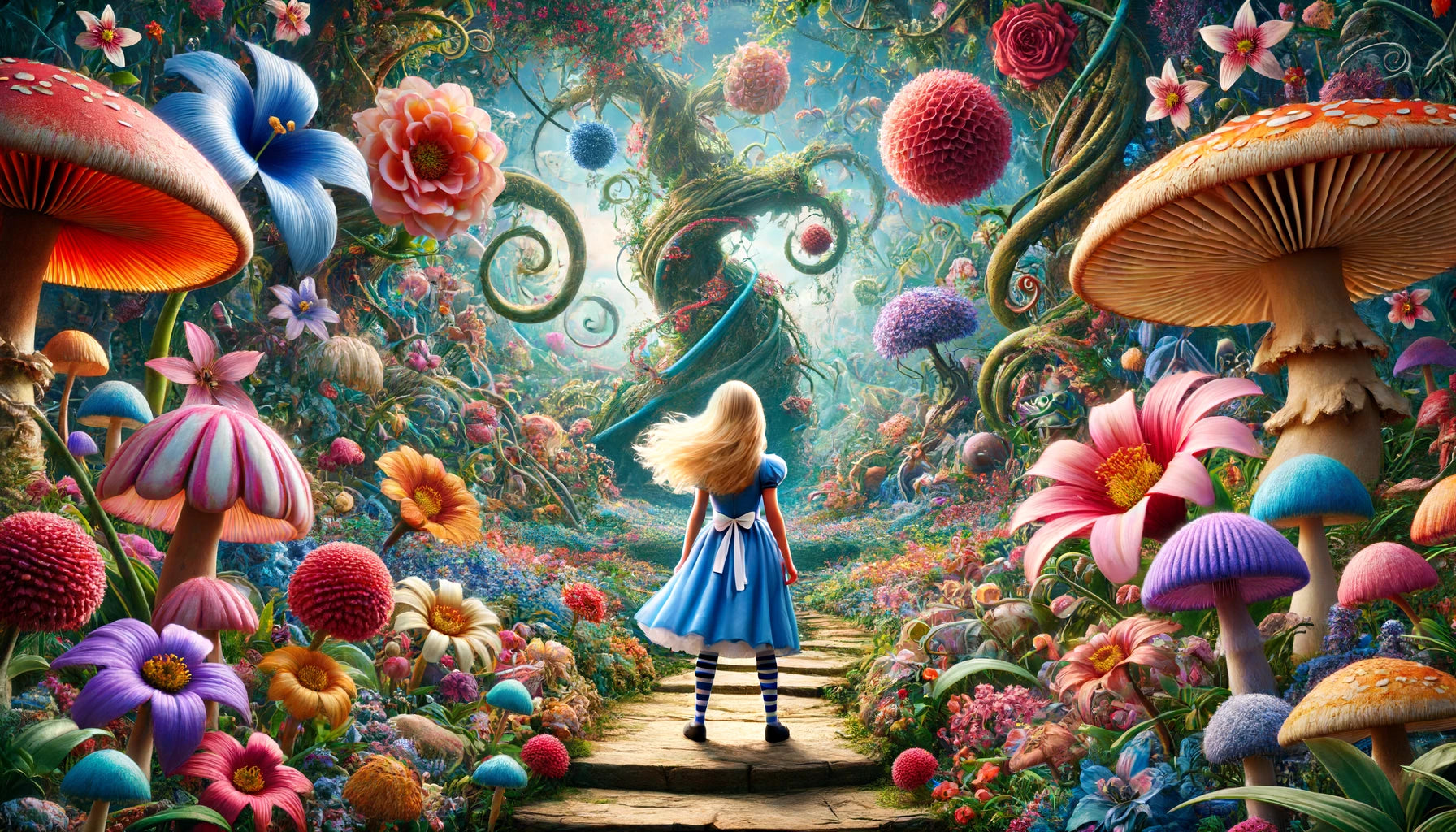 Alice de dos au milieu du pays des merveilles dans une nature verdoyante et généreuse