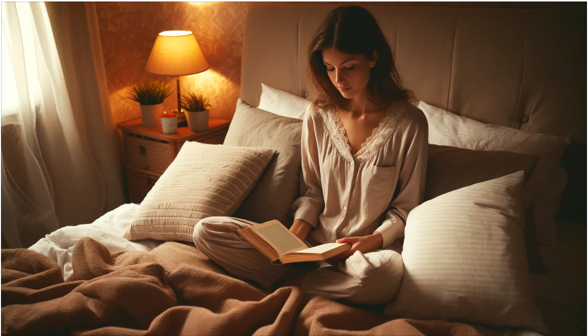 Femme qui lit un livre dans son lit
